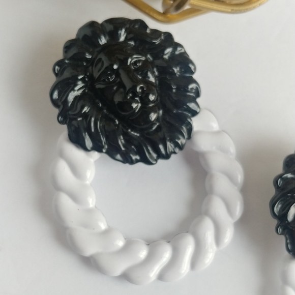 Big Bold Lion Doorknocker Black and White Statement Earrings - Picture 3 of 8